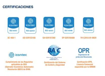 La imagen muestra cinco distintivos de certificación ICONTEC y otras entidades, que incluyen ISO 45001, ISO 9001, ISO 18788, además de sellos para las certificaciones BASC y OPR. Estas certificaciones respaldan la calidad y estándares de los servicios de seguridad privada, vigilancia y protección ofrecidos por Fortox en Colombia. - Fortox Security