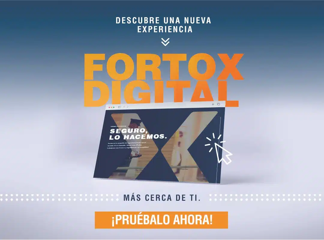 En la imagen promocional de Fortox Digital se observa una pantalla de computadora al centro, destacando un diseño moderno con texto en color naranja que resalta sobre el fondo azul degradado. También aparece un botón visible con la frase “¡Pruébalo ahora!”. No hay presencia de personas, edificios ni vehículos; la gráfica está enfocada en promocionar una solución digital de Fortox relacionada con servicios de seguridad privada y vigilancia empresarial en Colombia. - Fortox Security