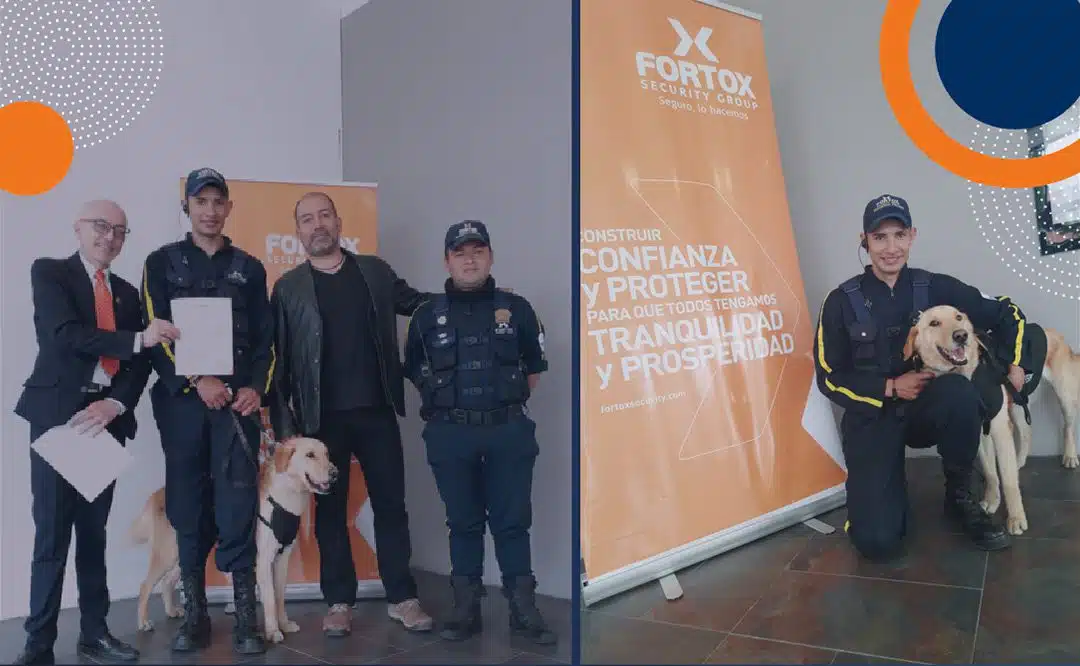 En la imagen aparecen cuatro hombres, dos de ellos vestidos con uniforme de seguridad privada, posando junto a un perro y un certificado al lado de una pancarta naranja de Fortox Security Group. Uno de los hombres se arrodilla abrazando al perro, mostrando el trabajo en equipo y la vigilancia que ofrece la empresa. - Fortox Security