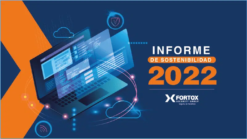 En la imagen aparece una computadora portátil mostrando gráficos de datos digitales, junto al texto "Informe de Sostenibilidad 2022" y el logo de Fortox Security Group sobre un fondo azul. La composición transmite una imagen profesional y moderna, asociada a los servicios de seguridad privada, vigilancia y protección empresarial que ofrece Fortox en Colombia. - Fortox Security