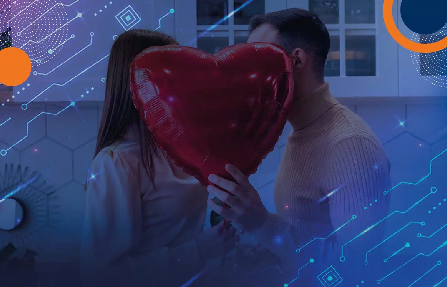 Una pareja se encuentra junta y sus rostros están cubiertos por un gran globo rojo en forma de corazón. Sobre la imagen hay gráficos digitales de circuitos y formas abstractas. No aparecen elementos relacionados con seguridad privada, vigilancia, personal uniformado, vehículos o edificios vinculados a Fortox Security Group. - Fortox Security