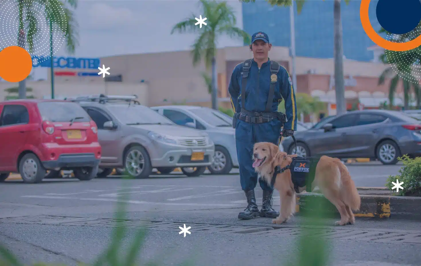 Guardia de seguridad privada Fortox con perro de servicio patrullando zona comercial, vigilancia en temporada navideña. - Fortox Security