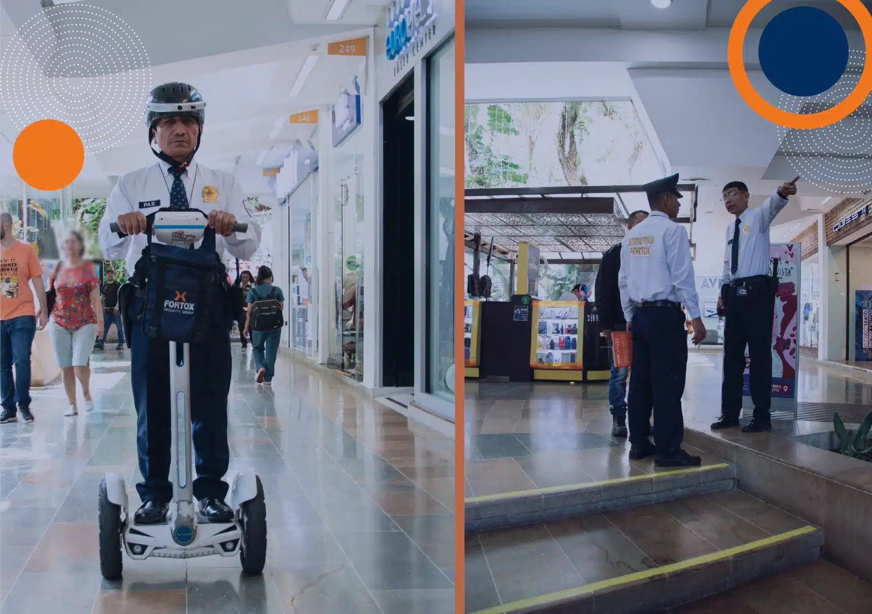 Guardias de seguridad privada de Fortox vigilando áreas comunes con uniforme, dentro de un centro comercial moderno. - Fortox Security