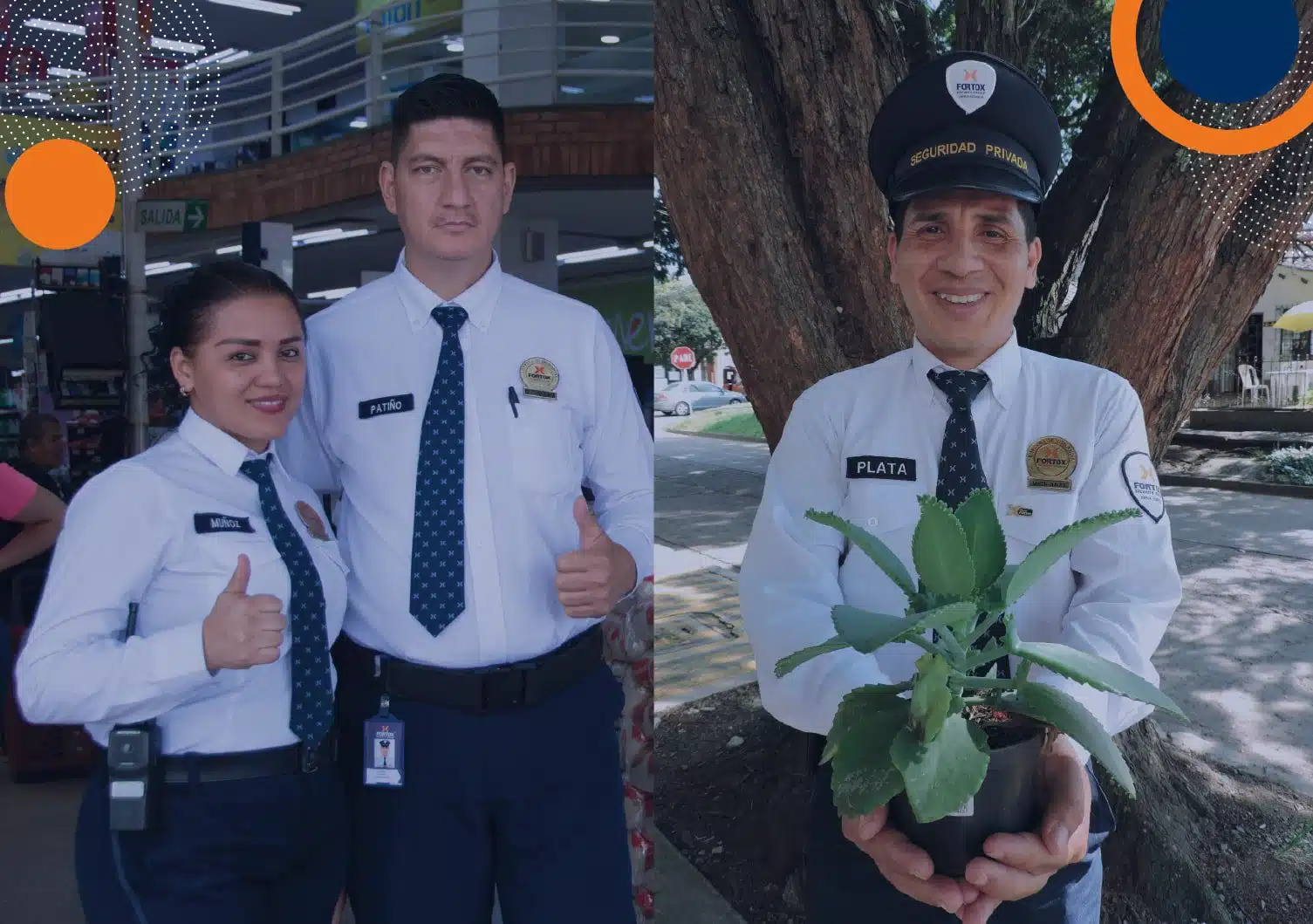 Dos guardias de seguridad privada de Fortox se colocan en el interior; otro vigila afuera con planta en recipiente reciclado. - Fortox Security