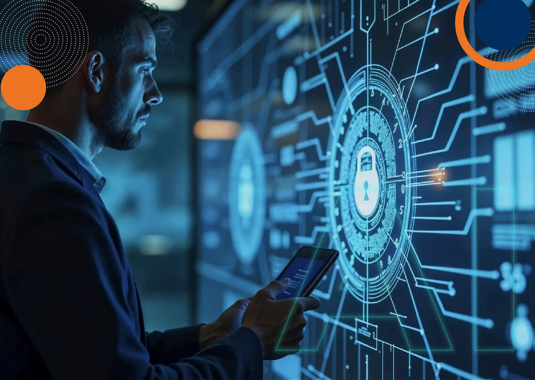 Personal de seguridad privada de Fortox revisa datos en tableta frente a pantalla digital con íconos de protección y vigilancia empresarial. - Fortox Security