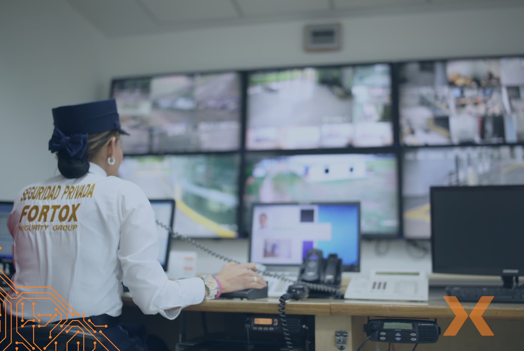 Un guardia de seguridad privada de Fortox supervisa las cámaras CCTV en una sala de vigilancia empresarial. - Fortox Security
