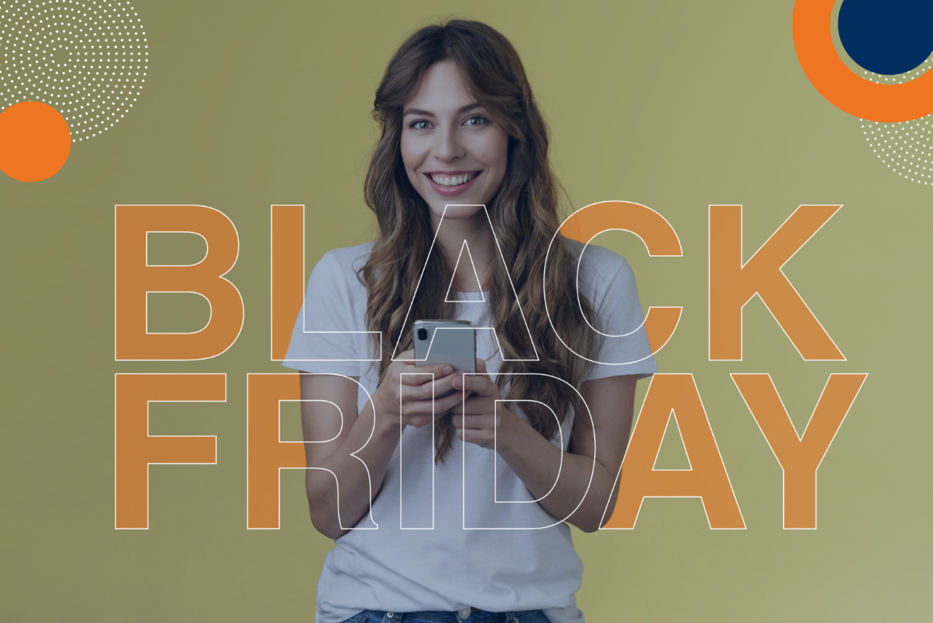 Mujer con smartphone sonriendo, gráficos y texto resaltan una oferta; ideal para destacar servicios de seguridad privada Fortox. - Fortox