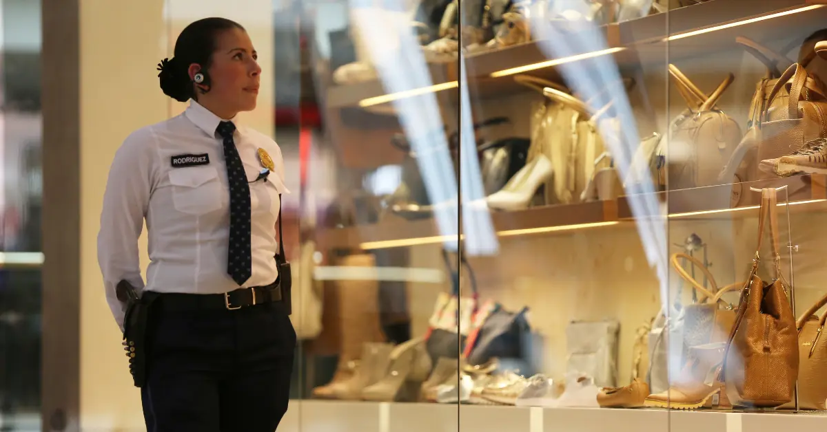 Personal de seguridad privada realiza vigilancia frente a vitrina en tienda, protegiendo mercancía y garantizando la seguridad. - Fortox